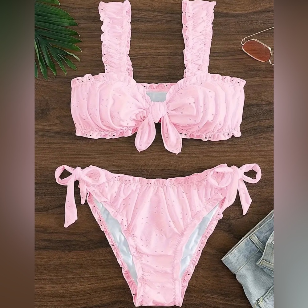 Pink Lacey Textured Fabric Frilled 2 Pc Bikini, Bowknot High Stretch Swimsuits